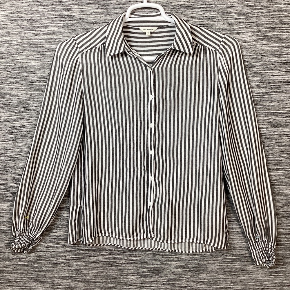 Women’s Grey & White Stripes Button Down Long Shirred Hem Sleeve Collared Shirt